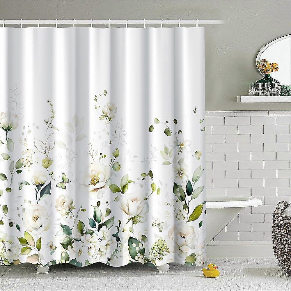 White Flowers Shower Curtain Set with Hooks 72x72inches Eucalyptus Leaves Branches Shower Curtains for Bathroom Room Divider Rose Floral Waterproof Fa