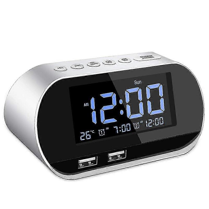Alarm clock radio, fm with sleep timer, dual usb port charging, digital display,with dimming,adjustable volume (white)