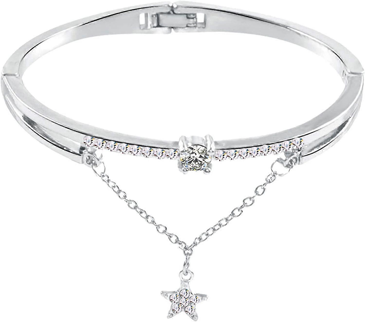 女性のためのバングルブレスレット、ブレスレットファイブポインテッドスターペンダントシャイニーラインストーンインレイドバングルジュエリーパーティー用