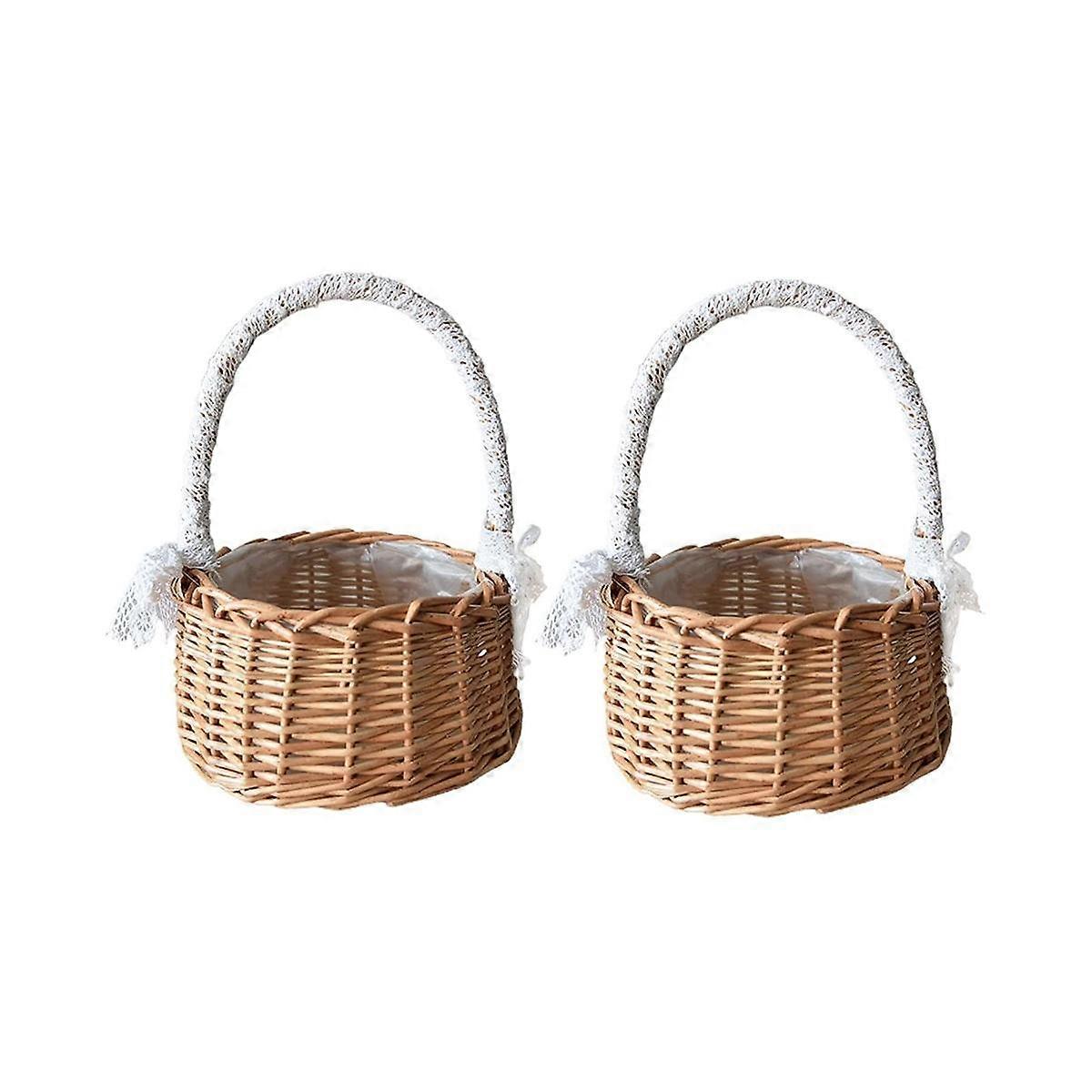 2PCS gewebter Aufbewahrungskorb mit Griff, Hochzeit Blumenmädchenkörbe, Weidenrattan Blumenkörbe für Wie gezeigt
