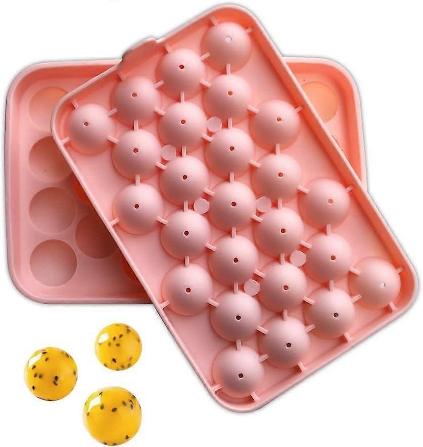 Silicone Ice Cube Tray with Lid Round Ice Cube Mold Makes 25 mini spherical ice cube molds for cocktails (1 pack pink)