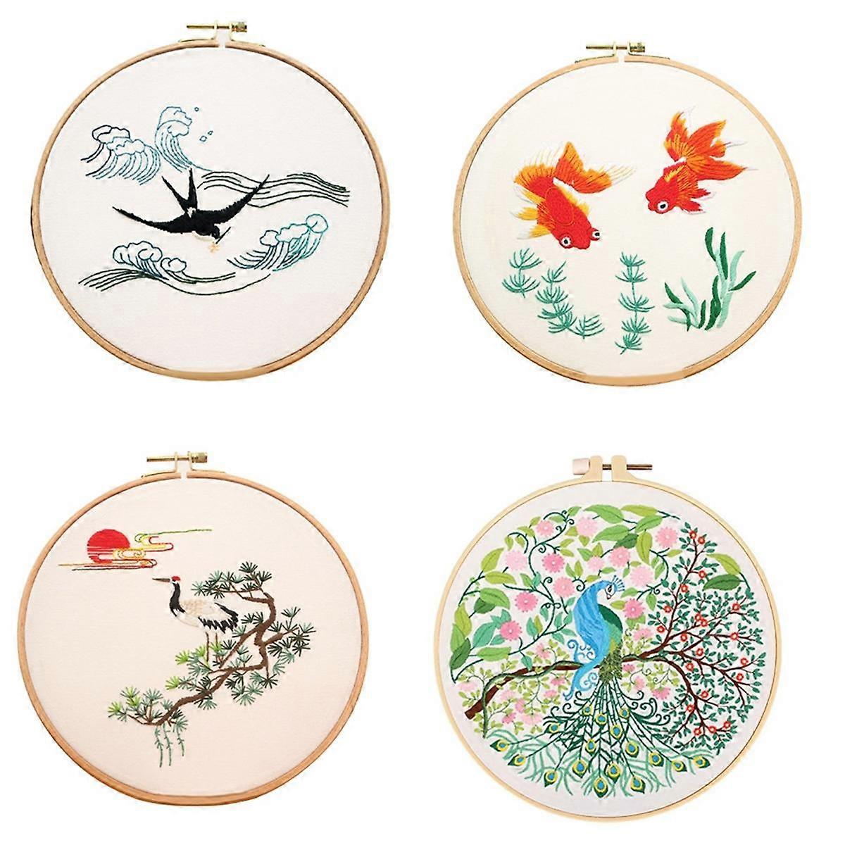 4 Sets DIY Embroidery Kit for Beginners Adults, Hand Embroidery Kit Includes Bird, Hoop, Color Threads, Tools