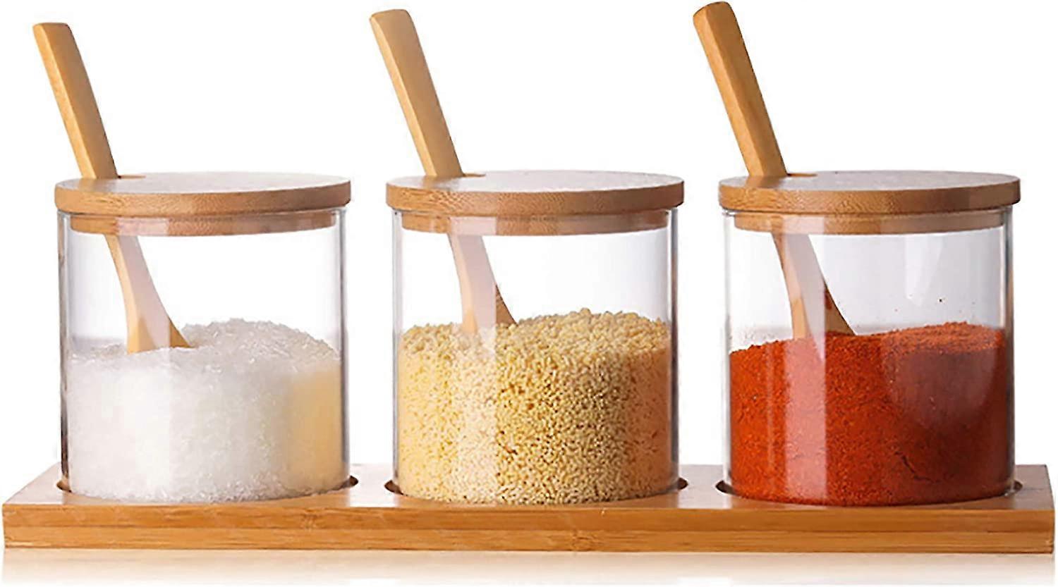 Condiment Container Seasoning Box Set Glass Condiment Canisters Pots with Bamboo Spoon Lid and Base