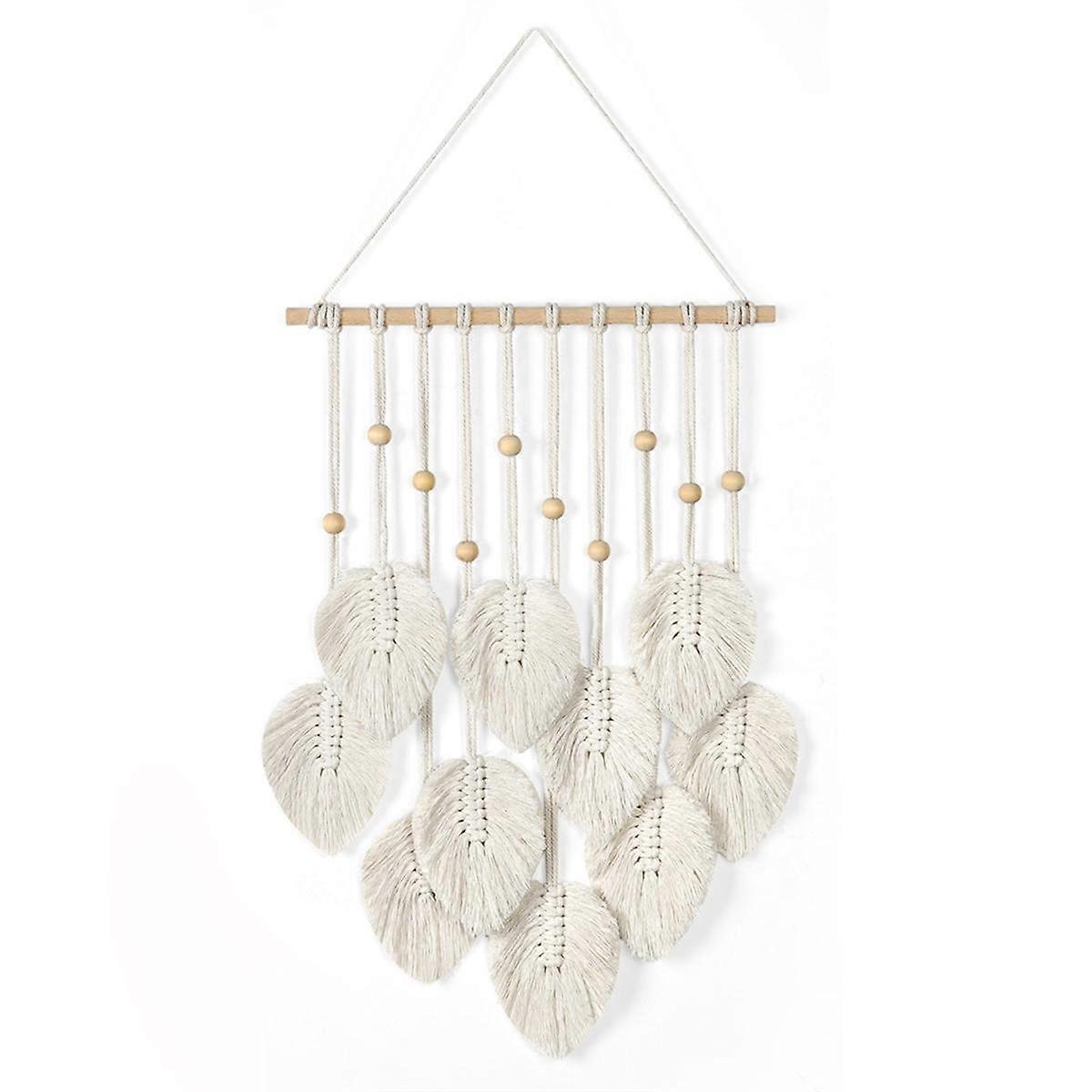 Macrame Wall Hanging Boho Decoration, Macrame Tapestry with Wooden Beads and Leaves Tapestry Wall Hanging