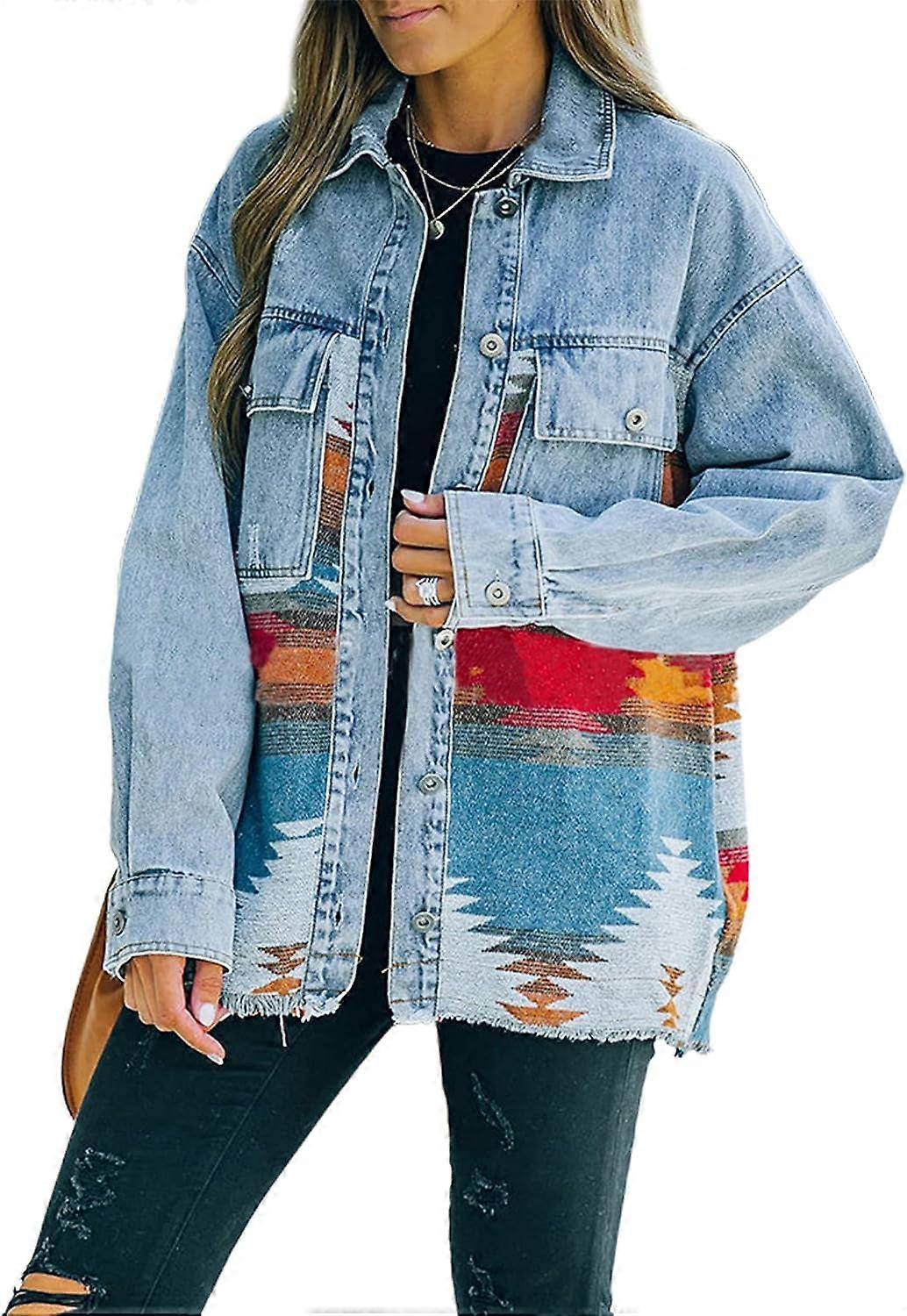 Jaqueta Jeans Aztec para Mulheres Arer com Lapela de Manga Longa Vintage com Botões #2blue