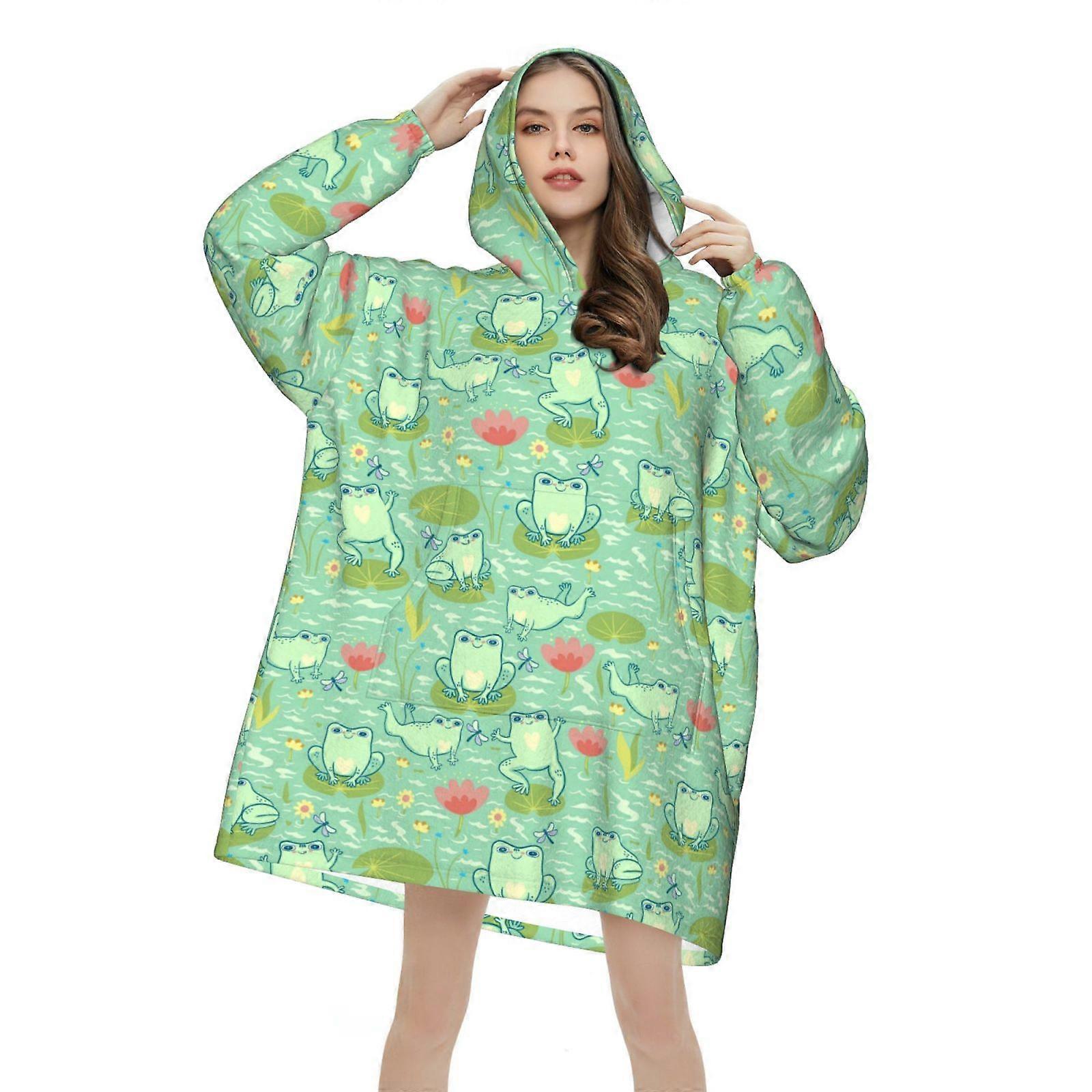 Mignon Dessin Animé Grenouille Motif Portable Couverture Sweat à capuche pour femmes Hommes Couvertures en flanelle Couverture à capuche
