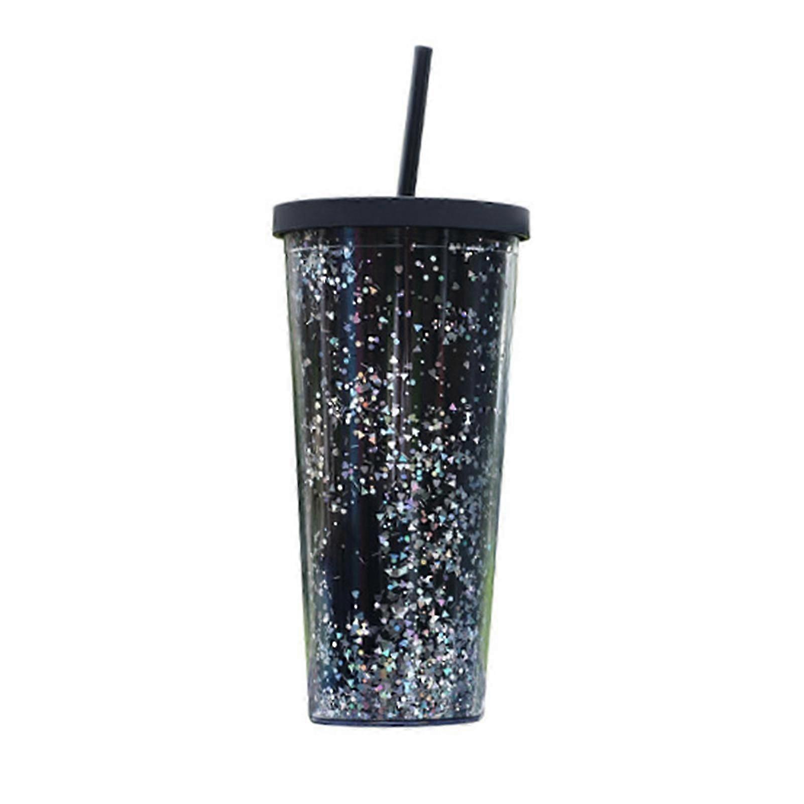 24OZ / 710ml Vattenkopp med halmglitter Dubbelvägg Vågig kant Rak Tumlare Juice Iskaffekopp Daglig användning Jikaixiang