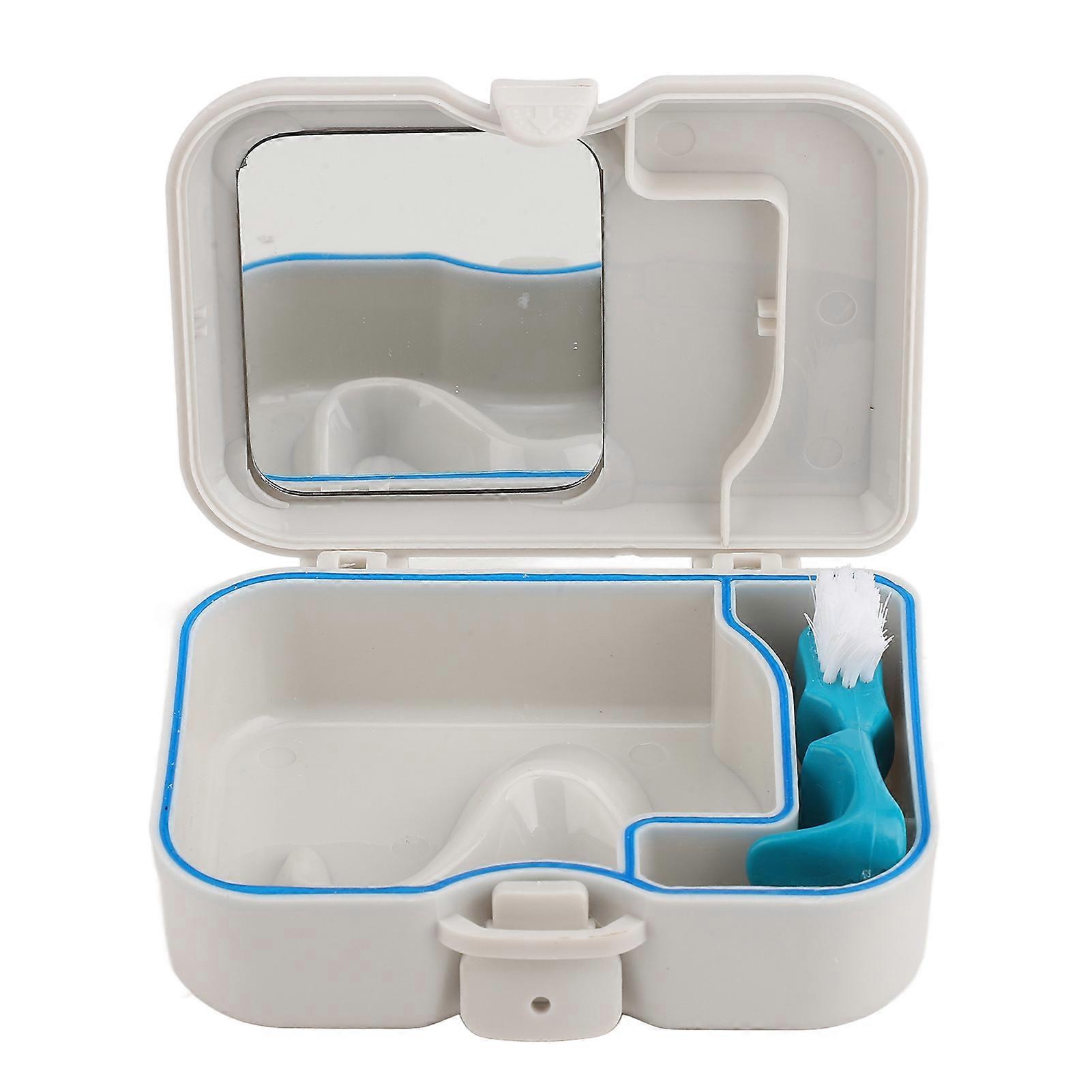 Mouth Guard Case Slotted Design with Toothbrush Mirror Dustproof Waterproof Plastic Locking Closure Denture Box