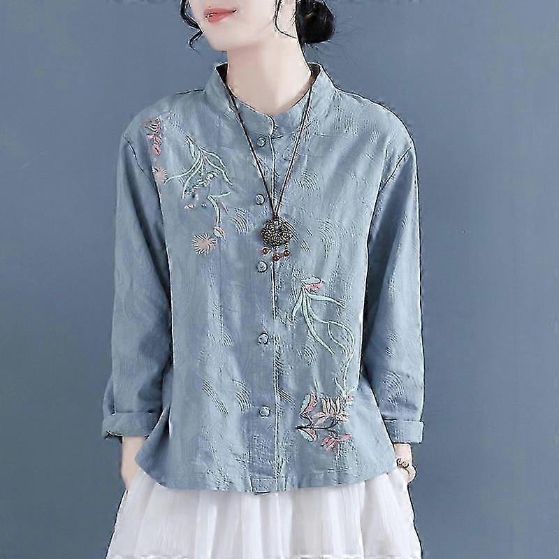 Chemise en coton et lin brodée de style chinois avec boutons rétro, manches longues, col montant, haut ample en lin