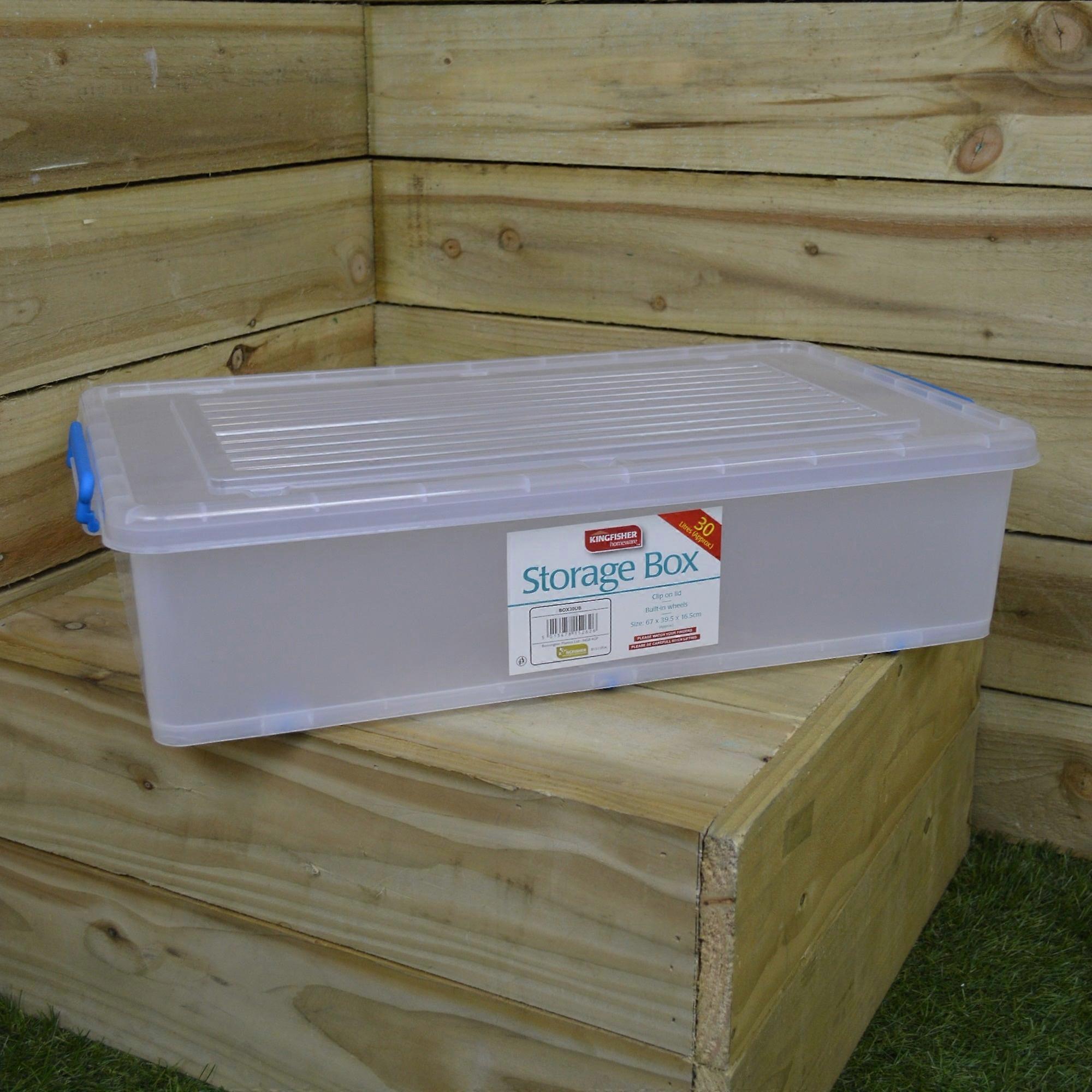 30L Stackable Plastic Under Bed Storage Box With Clip On Lid And Wheels