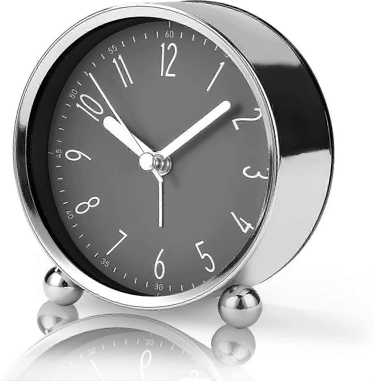 Non Ticking Alarm Clock, 4'' Silent Bedside Clock for Heavy Sleepers Battery Operated Analog Clock with Modern Gray Design Large Screen Table Clock fo