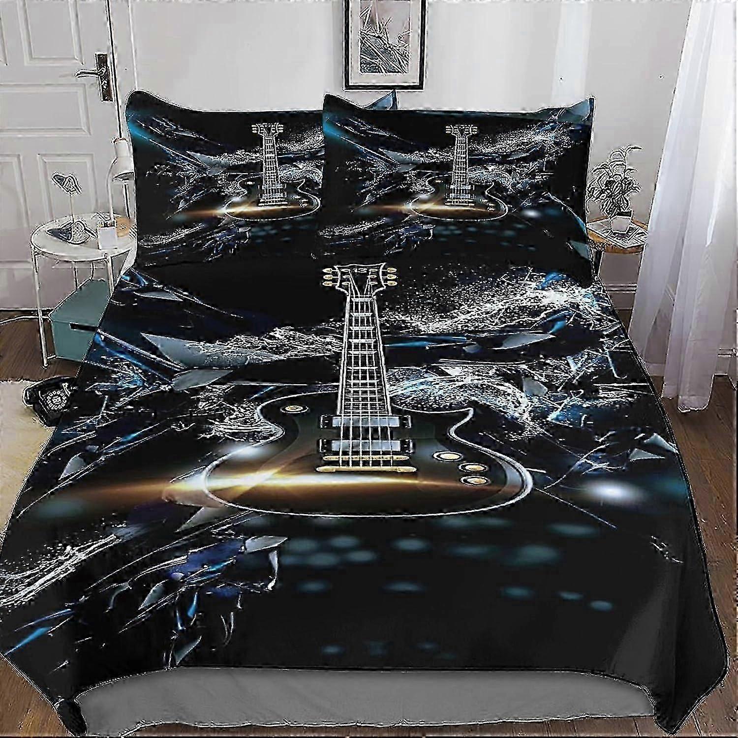 J736 Lençóis Guitarra 3D Impresso Conjunto de Capa de Edredão 3 Peças Conjunto de Cama de Quarto Microfibra Macia com Fecho de ZíperFronhas para Crianças Meninas Meninos