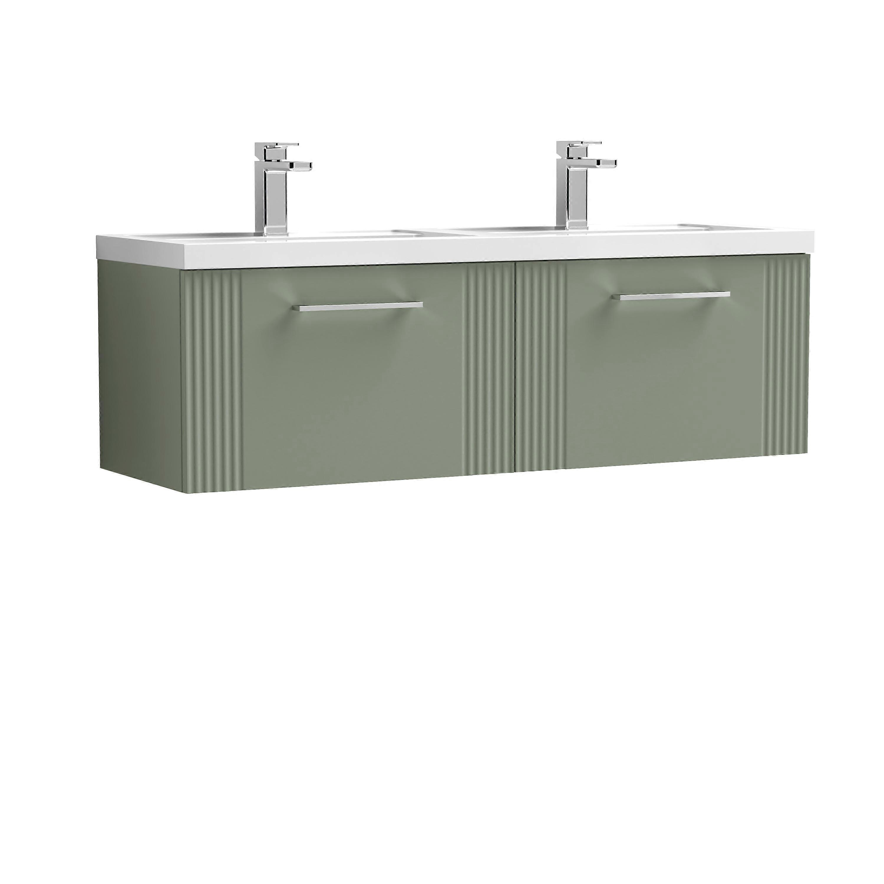 Partial Fluted 2 Drawer Wall Hung Vanity Unit with Double Polymarble Basin - 1200mm - Satin Green 