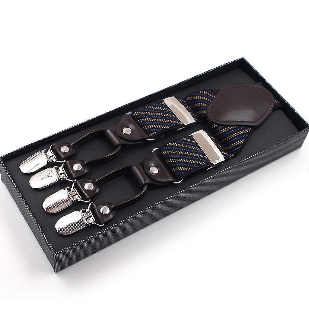 Men Stripe Y-Shape Suspender With Non-Slip 6 Clips Elastic Adjustable Pant Brace Black