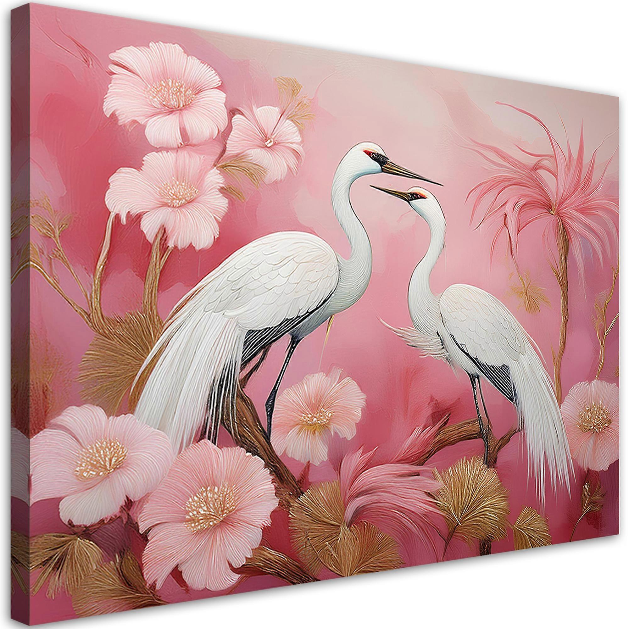 Impression sur toile, Grues Oiseaux Fleurs - 100x70