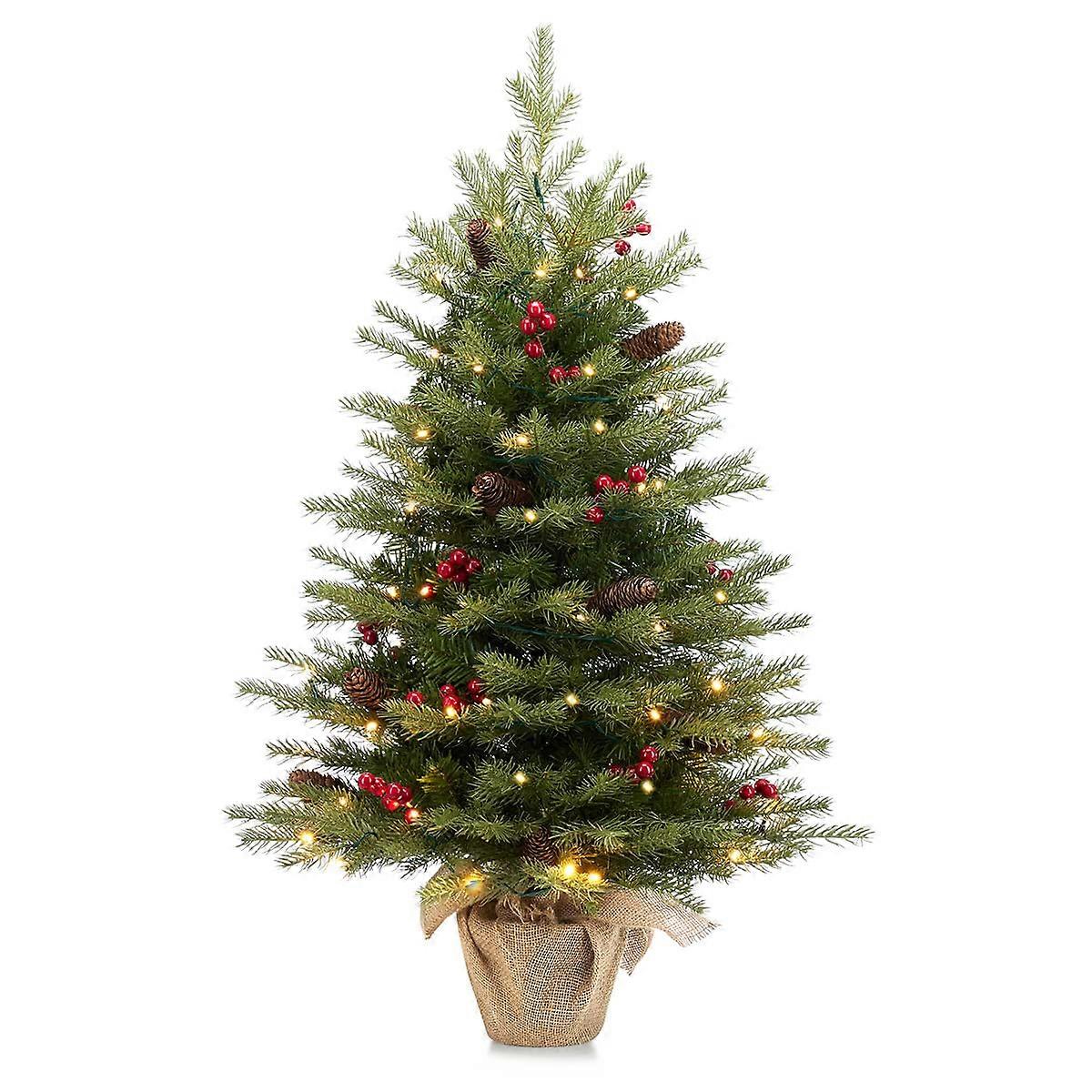 3ft PreLit Artificial Mini Christmas Tree with 70LED Lights Realistic and Nordic Spruce, Solid Cement Burlap Base Basin