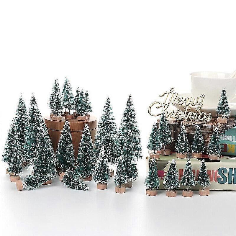 24x Mini Christmas Tree Fake Pine Tree Mini Sisal Bottle Brush Snow Frost Tree