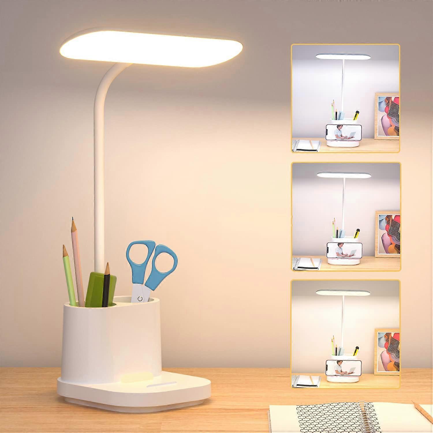 LED Desk Lamp Gooseneck, Rechargeable, Touch Control, Stepless Dimming, 3 Color Modes, Pen Holder And Night Light