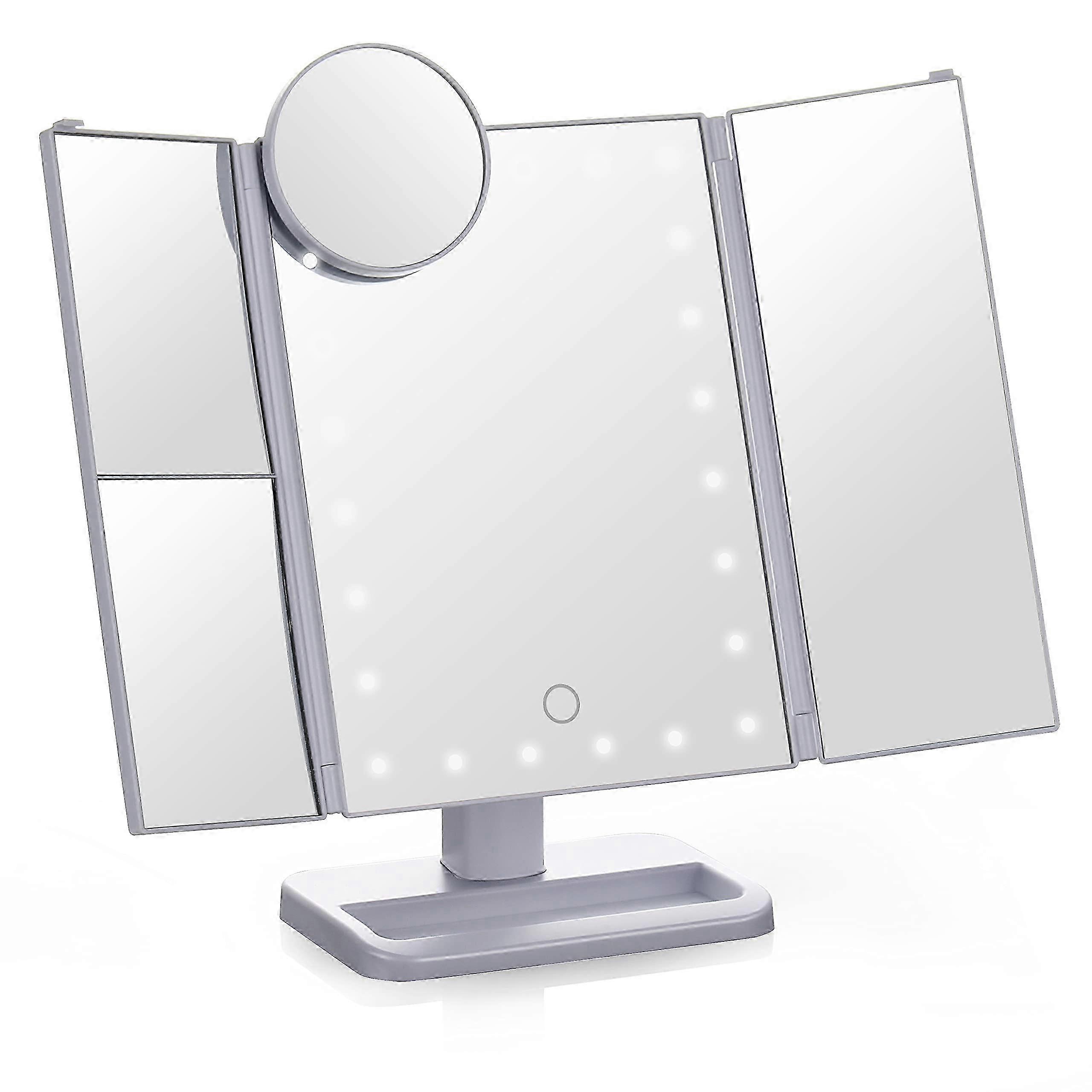 Tri-Fold LED Makeup Mirror with 1X-10X Magnification, Touchscreen & USB/Battery Power (White)
