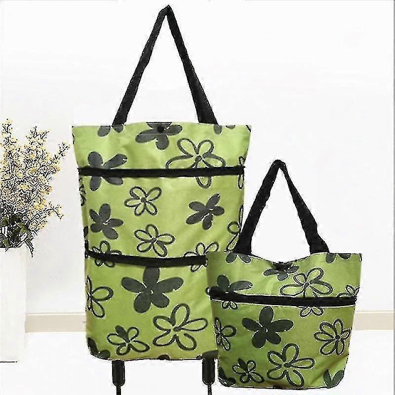 Carrinho de Compras Dobrável 2-em-1 com Rodas e Saco com Zíper - Flor Verde