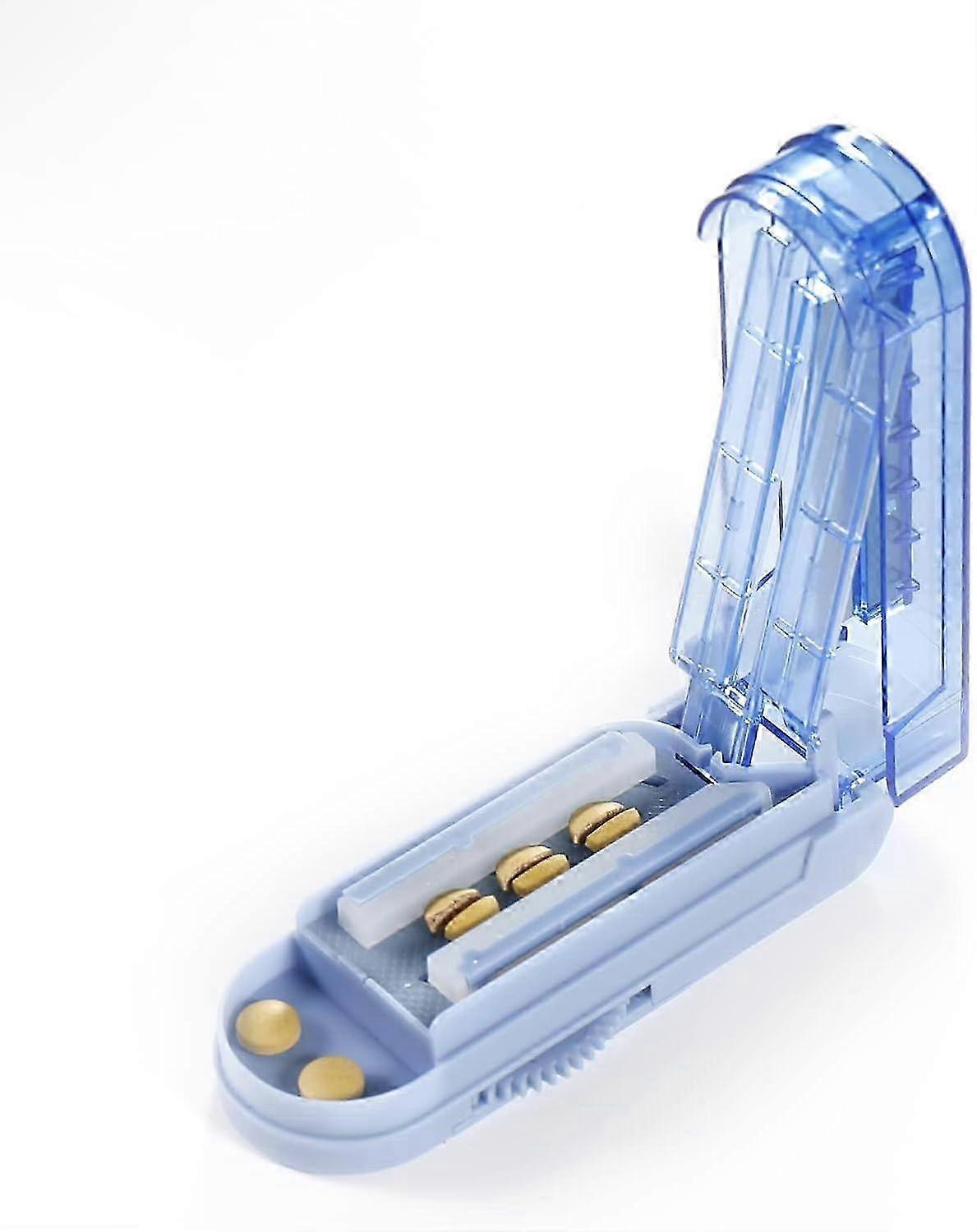 Adjustable Pill Cutter with Stainless Steel Blade & Guard, Precise Alignment (Blue)