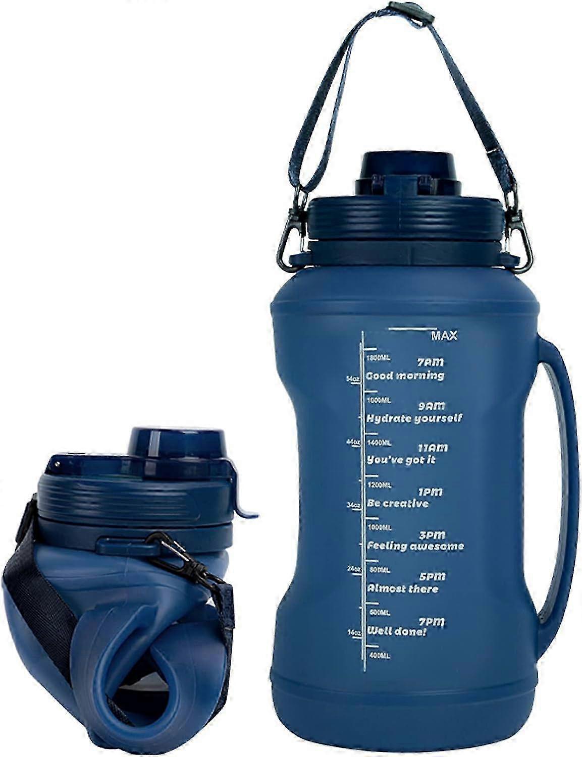 ストロー付き2L折りたたみ式シリコンウォーターボトル、漏れ防止トラベルスポーツボトル - ブルー