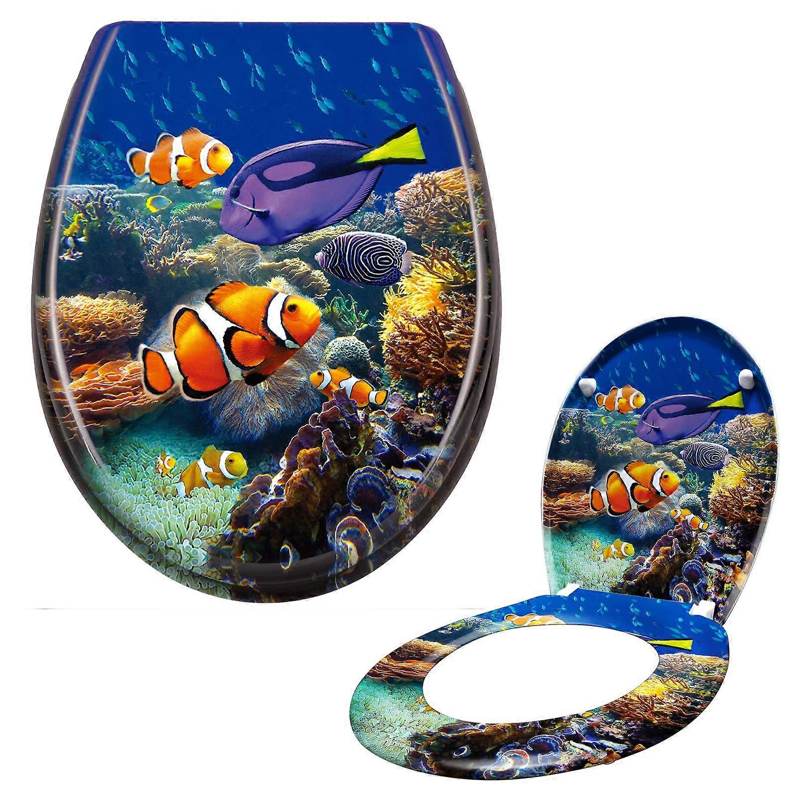 Toilet Seat with SoftClose Mechanism and FixClip Attachment, Easy Assembly, Oval Toilet Lid, Duroplast Toilet Seat (Colourful Ornamental Fish)