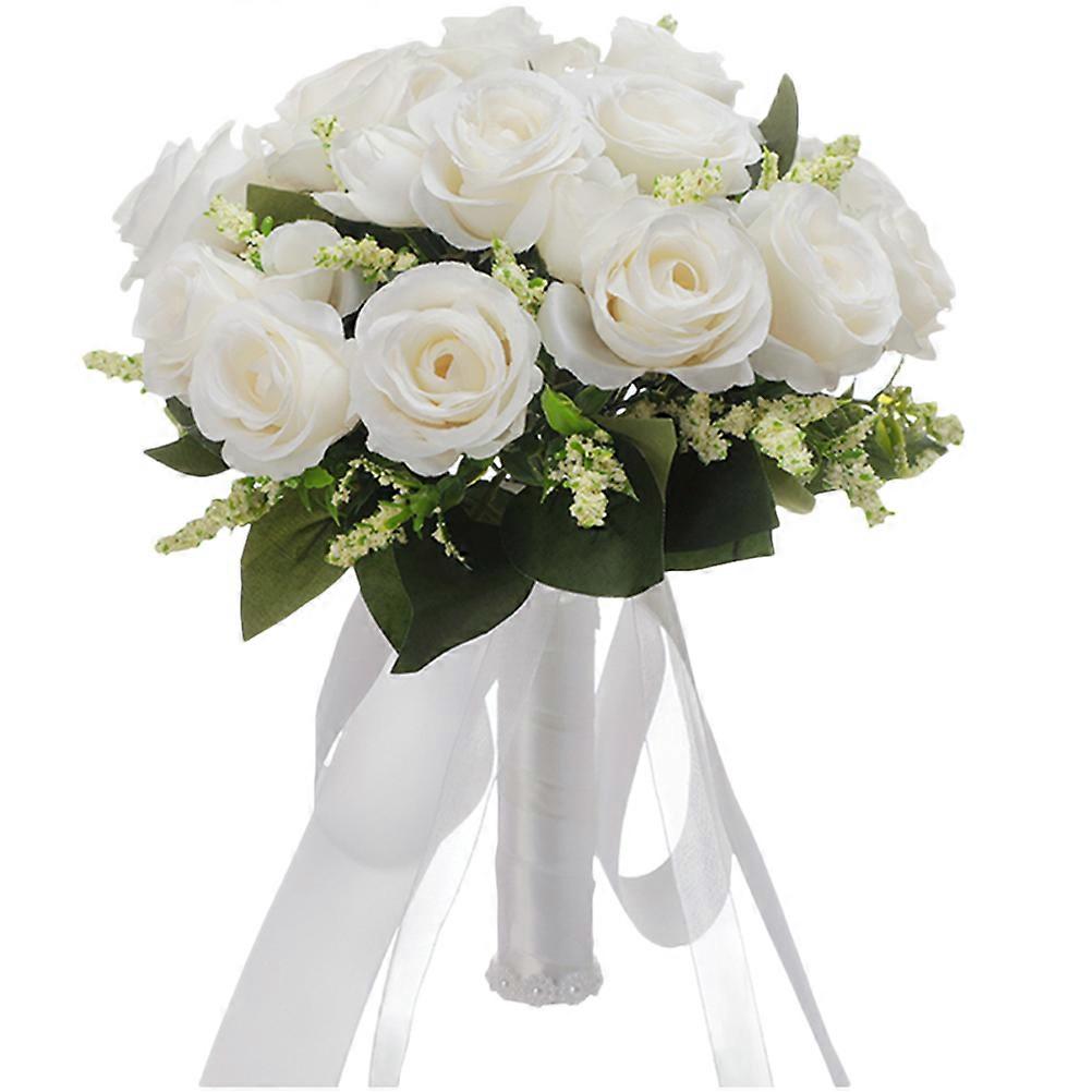 Elegant Artificial White Rose Bridal Bouquet with Ribbon Decor for Western Style Wedding – Faux Rose Handheld Bouquet for Bride and Bridesmaids