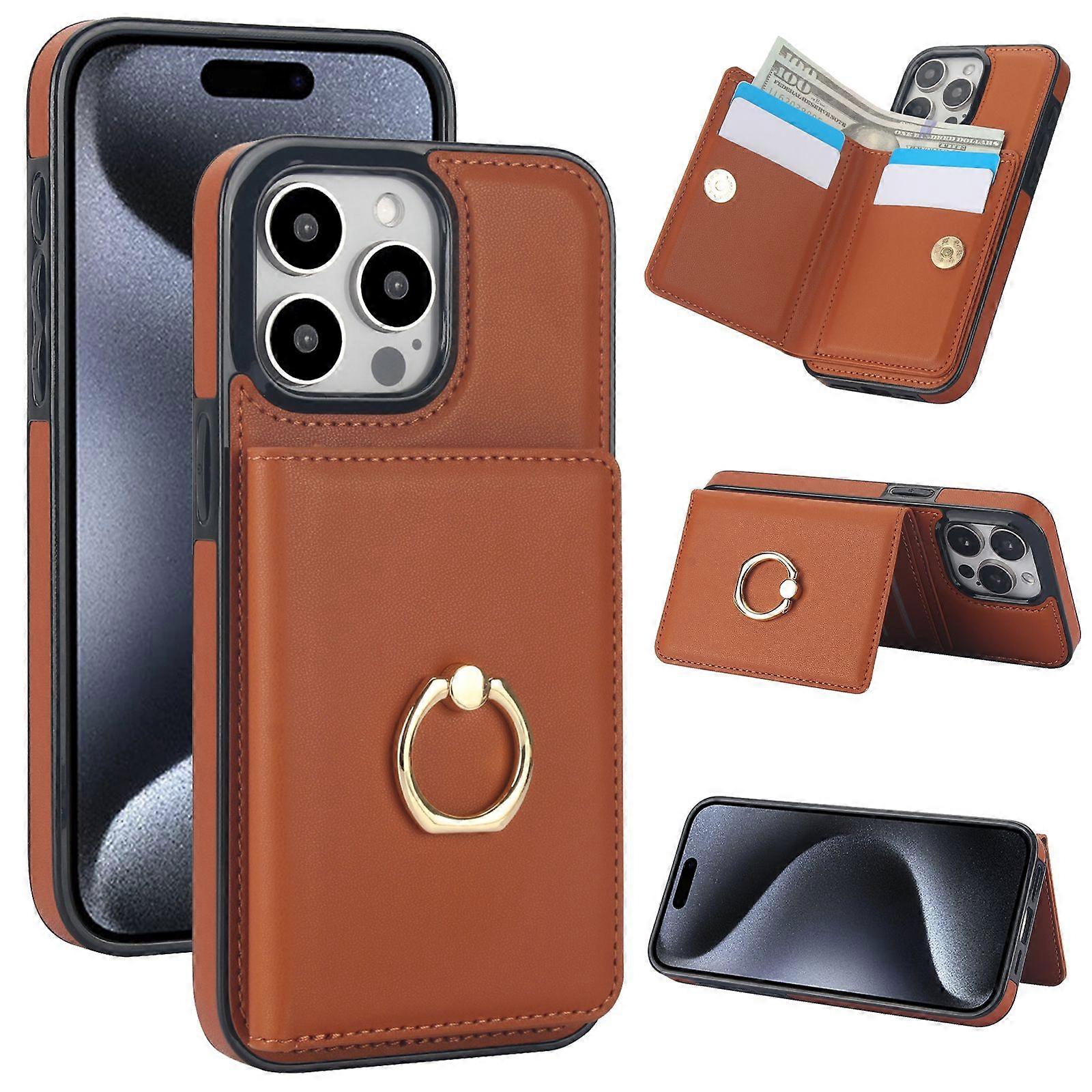 IPhone 15 Pro Case With RFID Blocking,Military Grade Drop Protection,Durable Shockproof Cover With Card Holder For Women Men-Brown