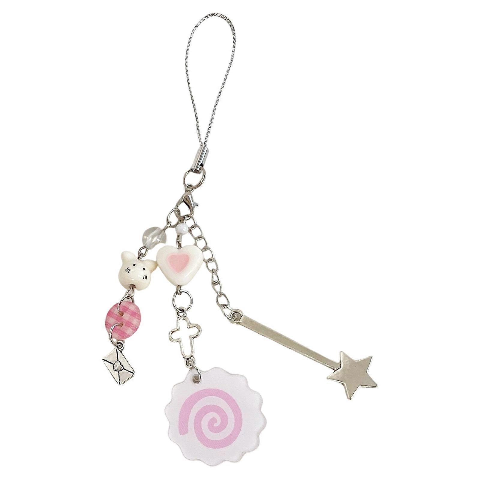 Cute Fish Cake Keychain with Heart Beads Camera Strap Fashion Key Accessory Suitable for Backpack and CCD Photography  White