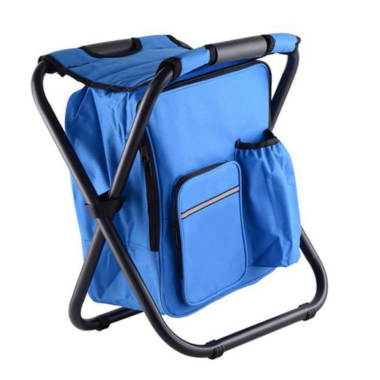Outdoor Camping Folding Stool with Ice Bucket, Insulated Box Pocket Design, Large Capacity for Beach and BBQ - Blue