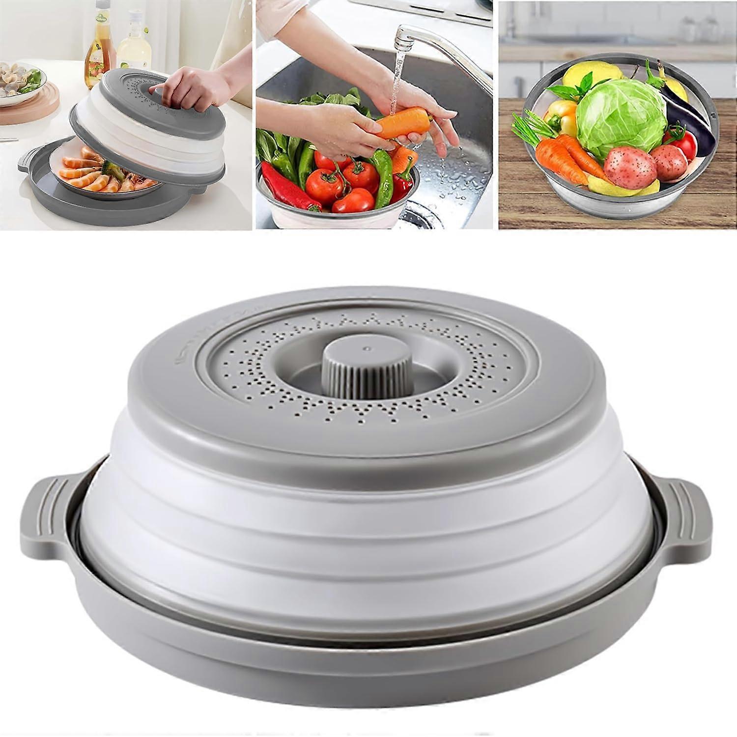 Modern Foldable Microwave Cover and Lid, High Splash Guard, Grey Microwave Mask, 2 in 1 Collapsible Colander Strainer