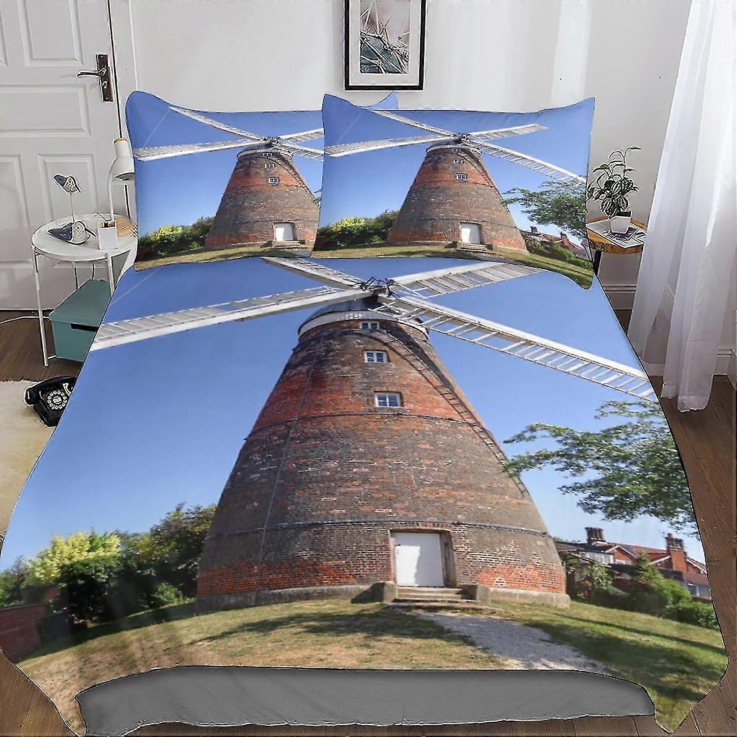 Rustic Windmill Bed Set with Duvet Cover and Pillowcases, 3 Piece Set with Invisible Zip