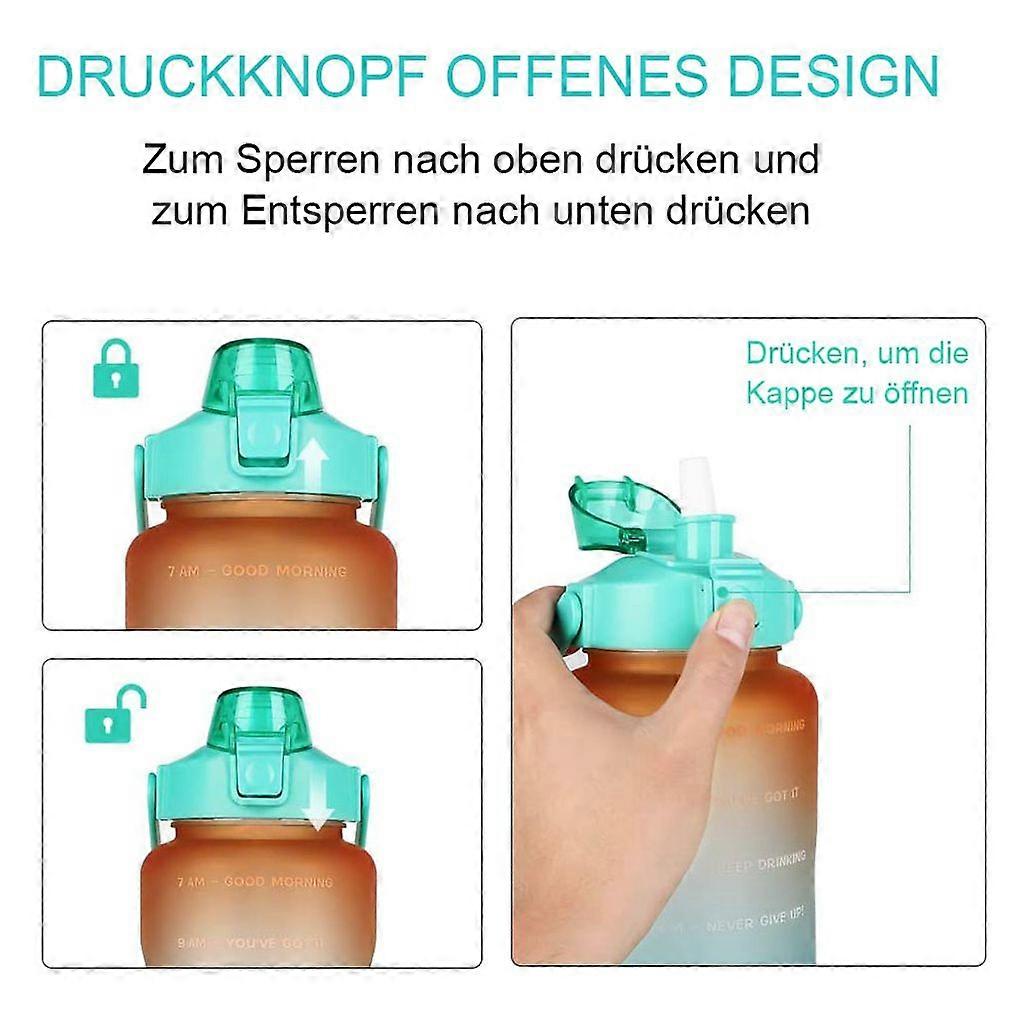 Drinking water bottle 2.2L with straw, 2.2L water bottle with time mark, leakproof (orange green)