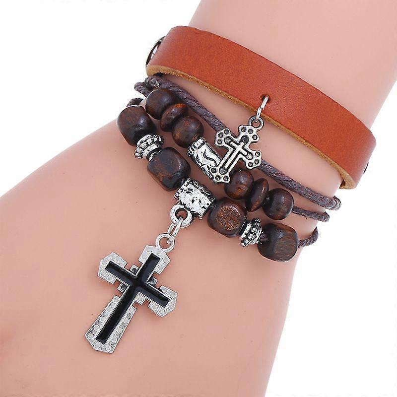 Double cross cowhide bracelet - Vintage double cross string beaded cowhide bracelet - Simple multi-layer double cross cowhide bracelet