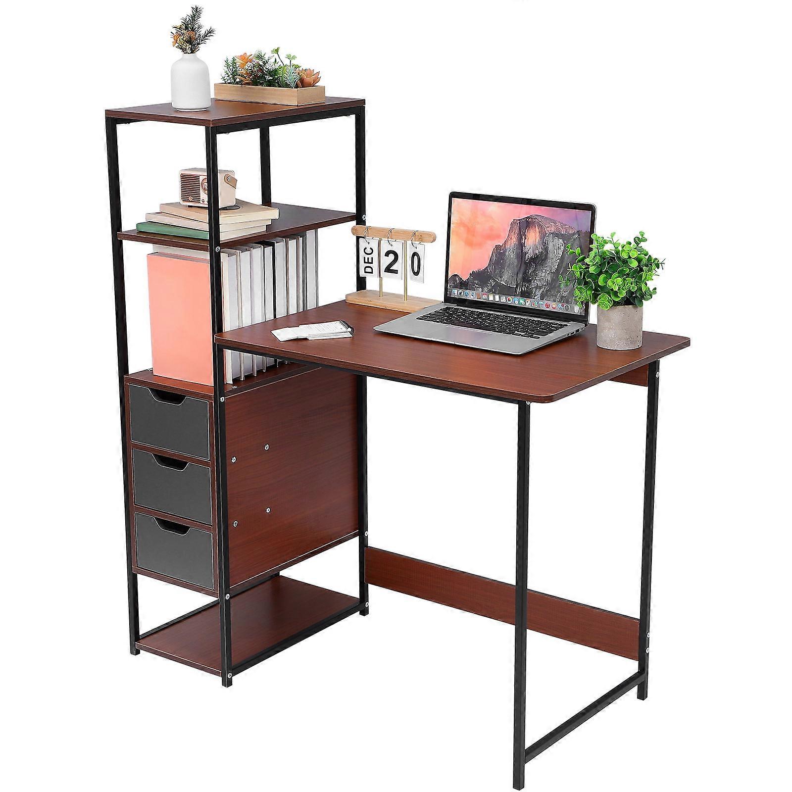 Wood Computer Desk For Home Office With Side Shelves In Coffee Color Featuring Versatile Use 1 Set