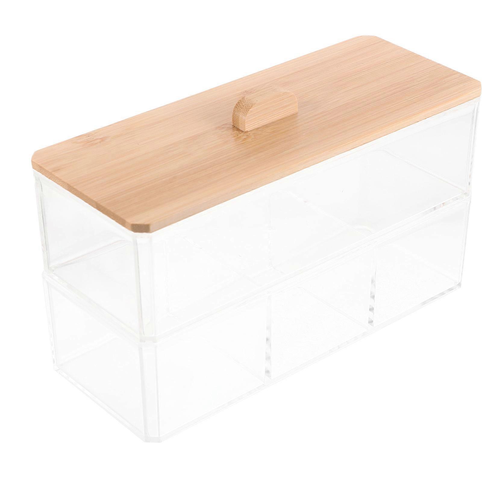 Cotton Pad Dispenser Organizer Box with Lid Dustproof Rectangular Storage Container for Bathroom Use Transparent Bamboo 1Pcs