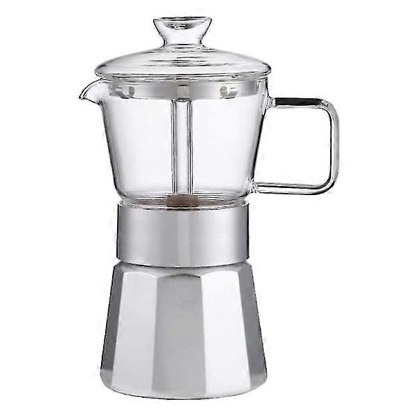Stovetop espresso maker; crystal glass espresso moka pot; classic Italian coffee maker.