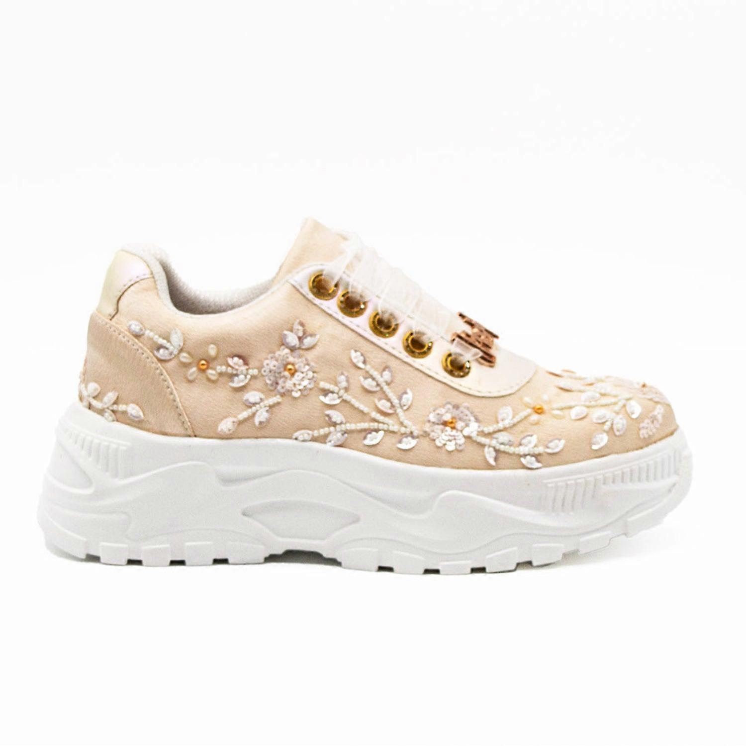 Sarah luxury buttermilk satin handmade embellished trainers
