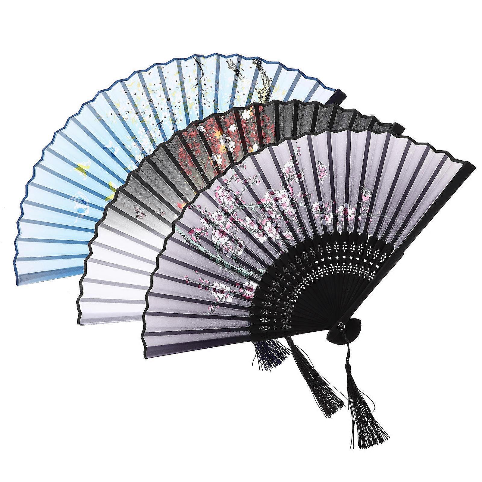 Chinese Style Fan Folding Fan for Summer Travel Made of Bamboo and Cloth for Cooling 3Pcs
