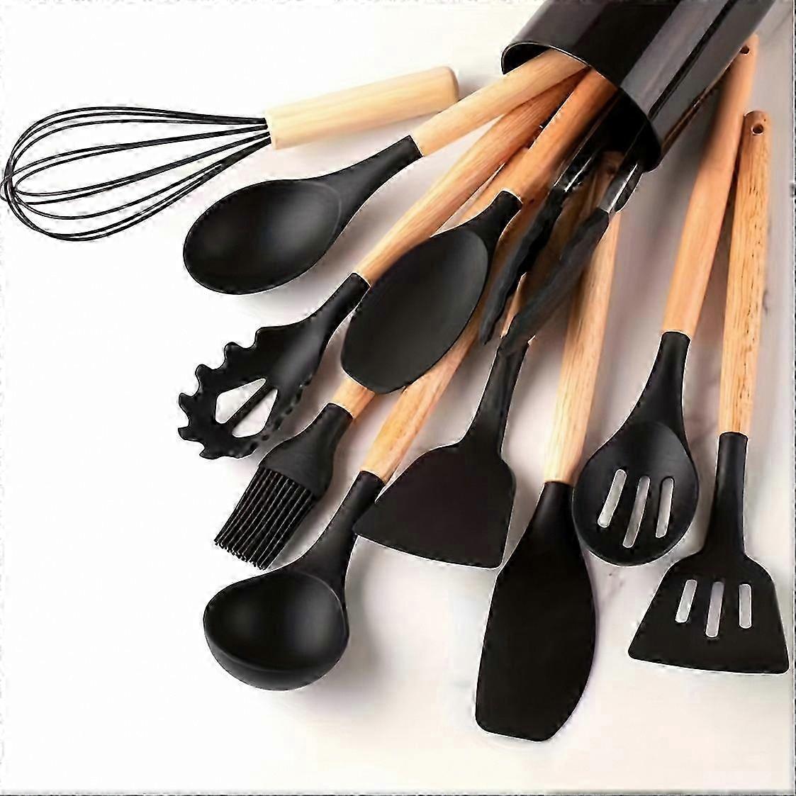 12pcs Khaki Kitchen Utensil Set with Wooden Handle, Non-Stick Safe Cooking Tools, Washable Modern Silicone Utensils