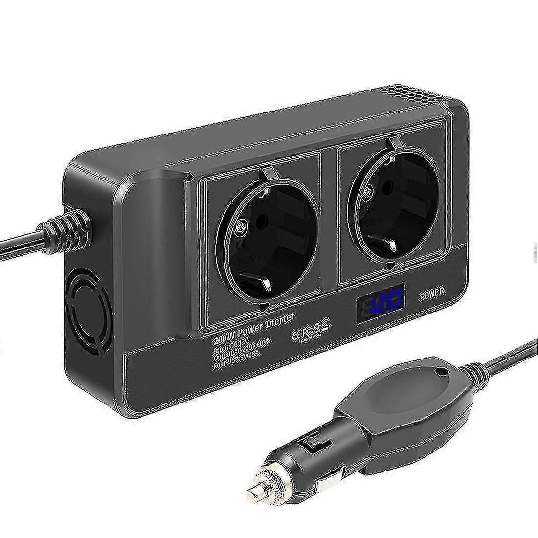 200w汽车逆变器,电压转换器12v至220v,带智能时间显示液晶显示器,2个插座和4个usb c