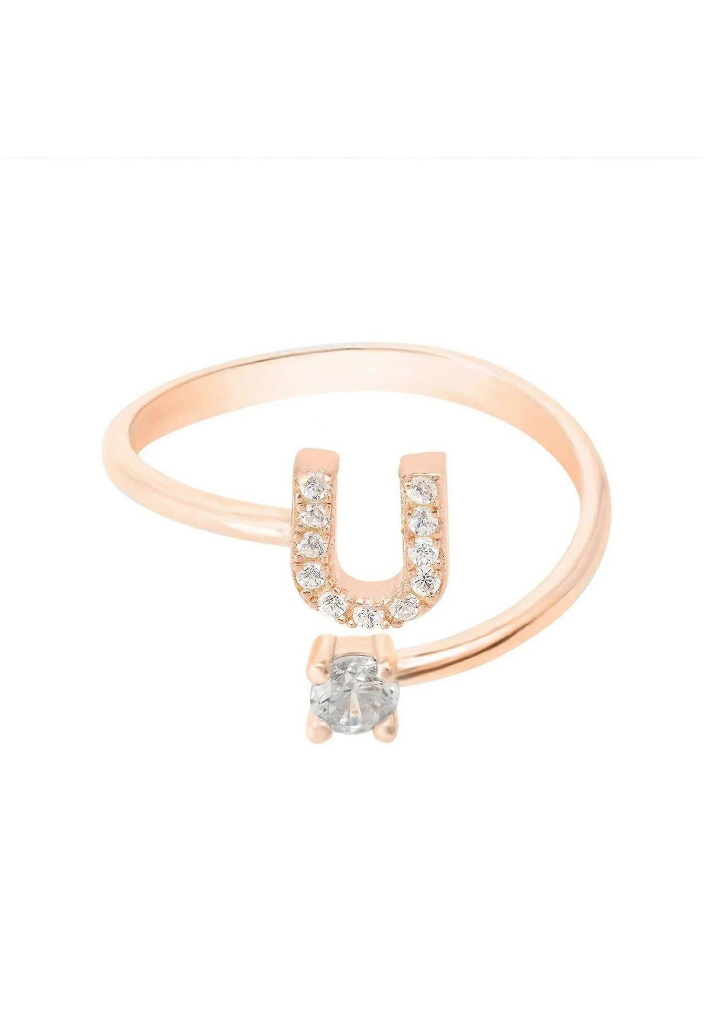 Latelita Women's 925 Sterling Silver Initial Ring in 22ct Rose Gold with Cubic Zirconia - Average Size 6 (M)
