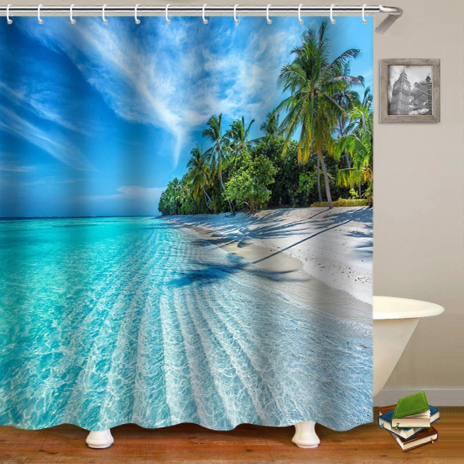 Long Shower Curtains Waterproof Fabric Sunshine Beach Style 70.9x70.9 Inches 100% Polyester Model B8815 Includes 12 Hooks