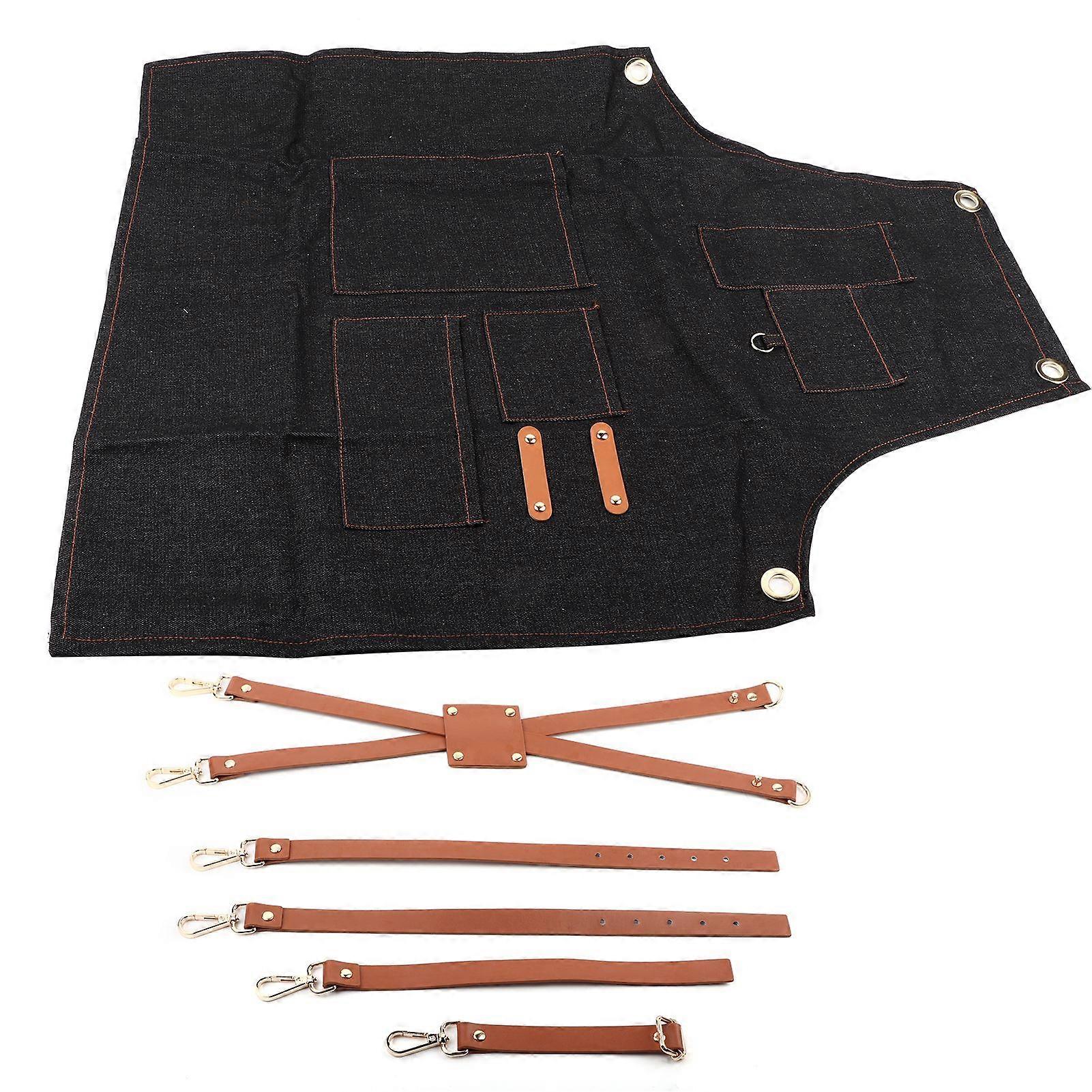 Denim Bib Apron Leather Strap Baker Bartender BBQ Chef Work Cook Uniform A