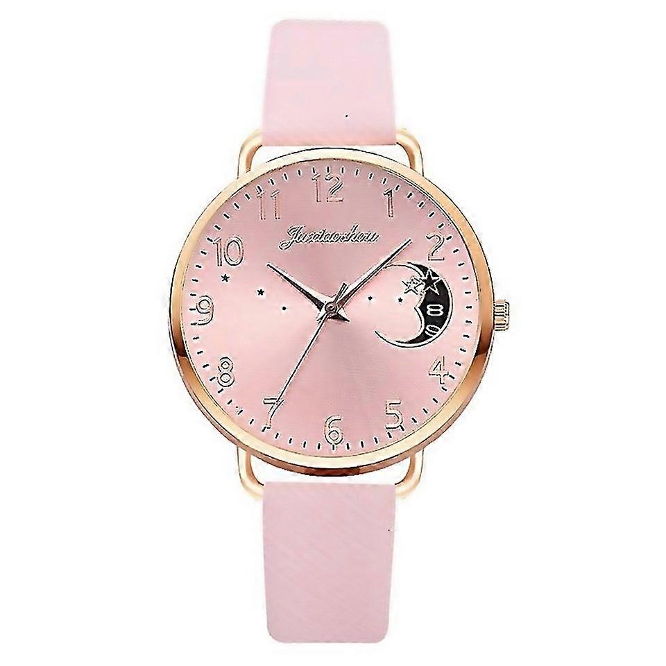 For Ladies Moon Pattern Dial Pu Strap Quartz Watch Color Pink