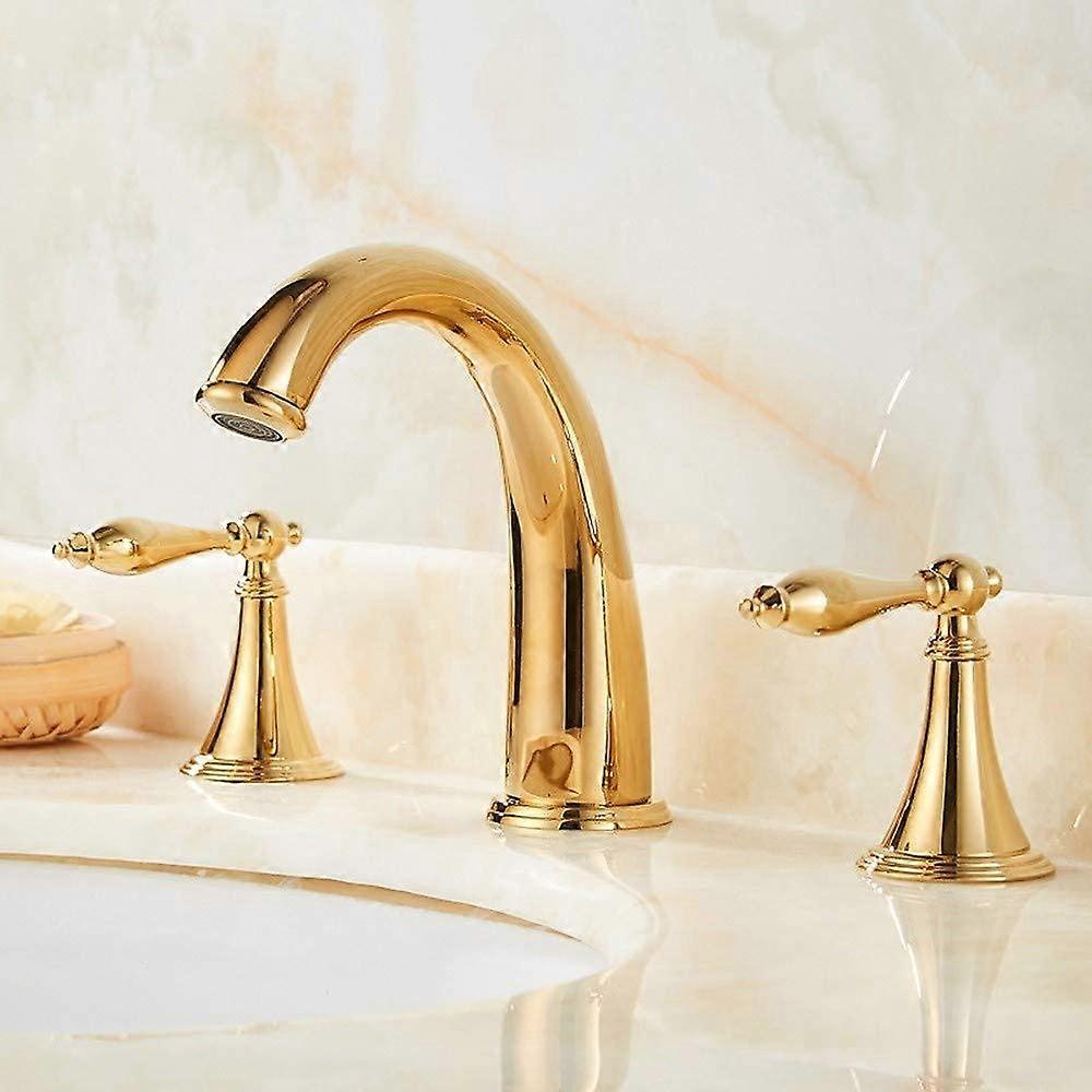Basin Mixer Tap, Golden Plating Faucet, 3Hole Split Basin and Tub Faucet, Cold and Hot Water Double Switch, Size A