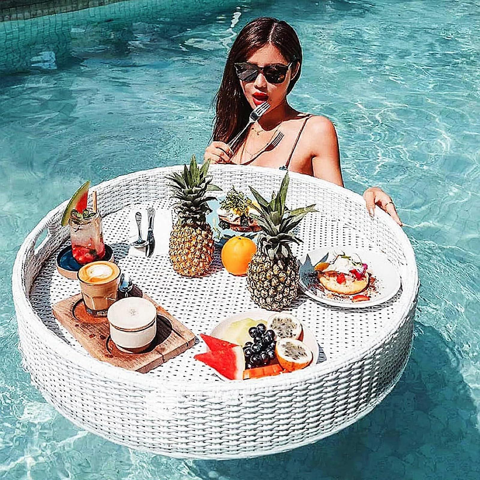 Floating Tray Rattan Woven Pool Tray 80cm White For Swimming Pool And Spa Poolside Serving Tray For Sandbars And Parties