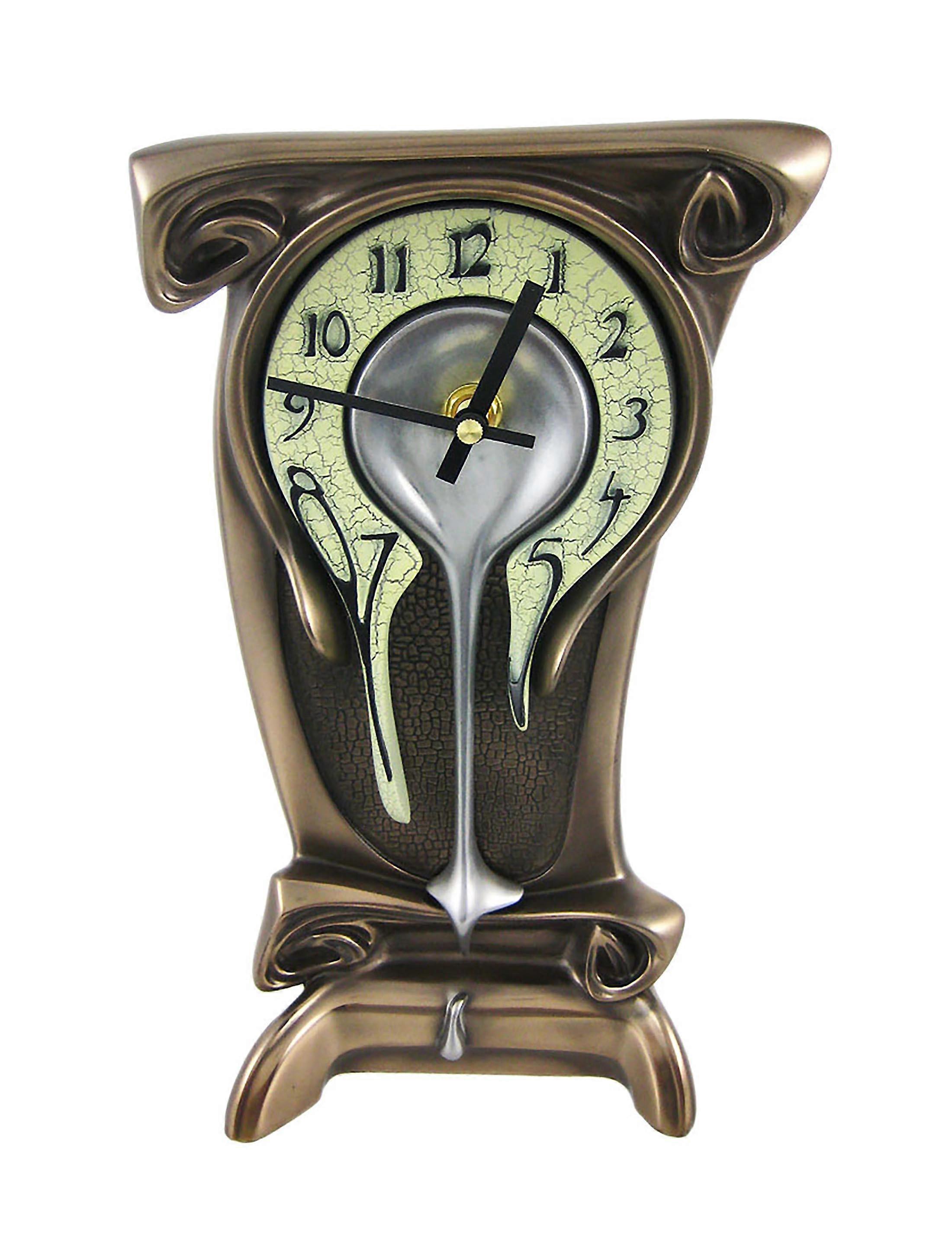 Surreal Melting Bronze Finish Mantel Clock - Unique Table Clock with Off-White Crackle Face and Black Hands - Artful Timepiece for Desk or Shelf Decor - 11 Inches Tall