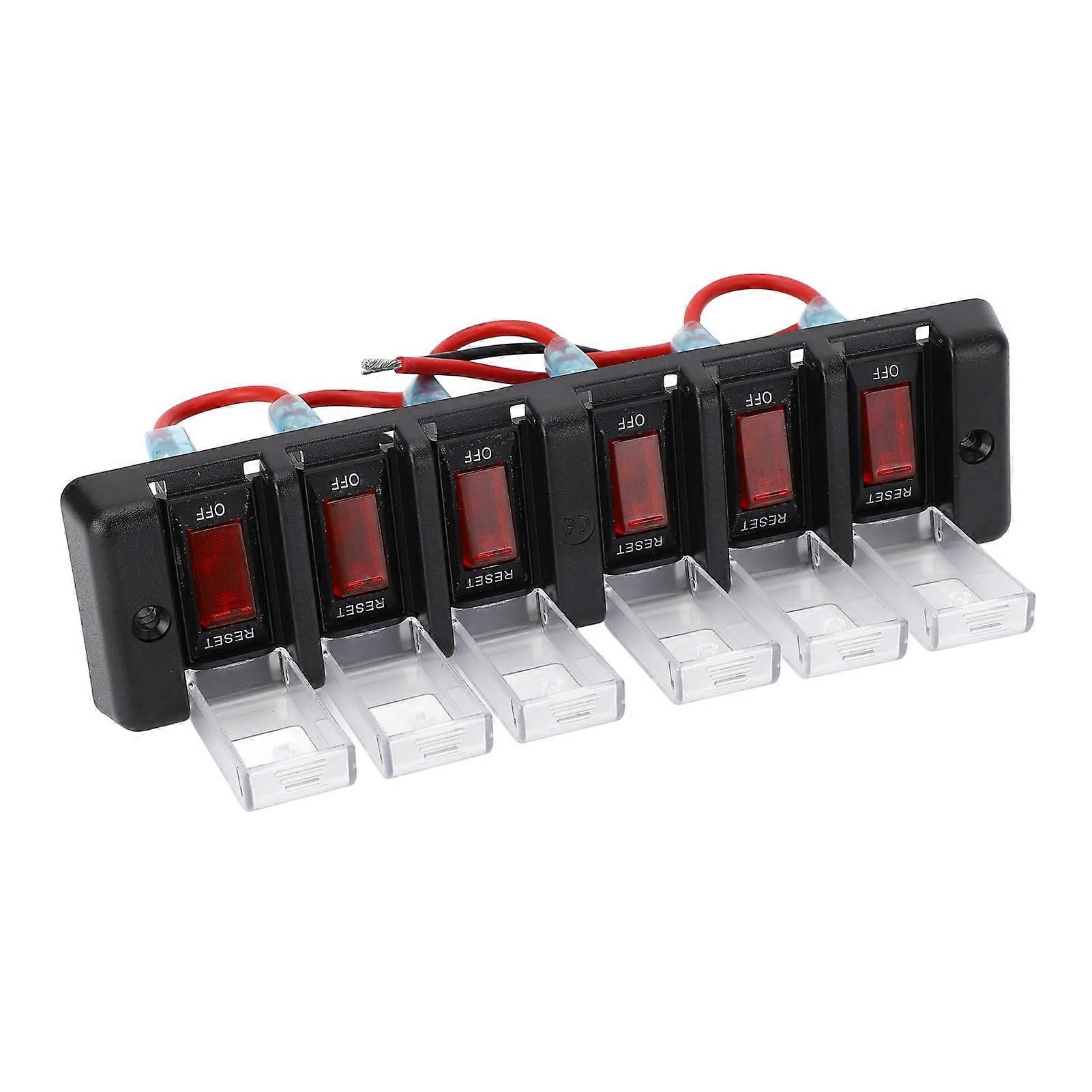 6 Gang Switch Panel Pre Wired Rocker Switch with Overload Protection Red LED On Off Circuit Control Panel DC12V 16A